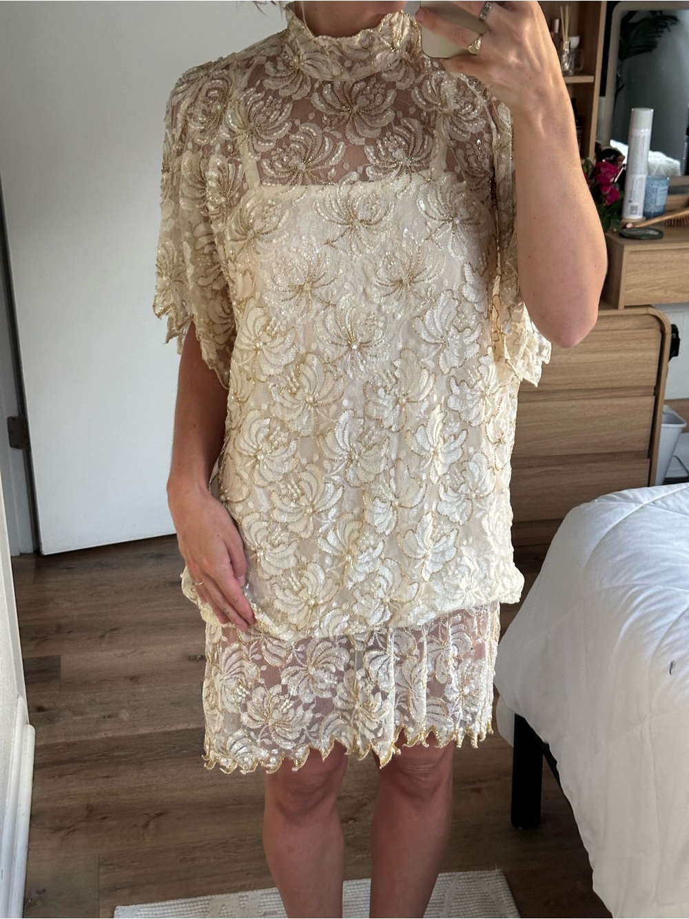 Vintage Lillie Rubin Cream Lace Dress with Gold Sequin Detail